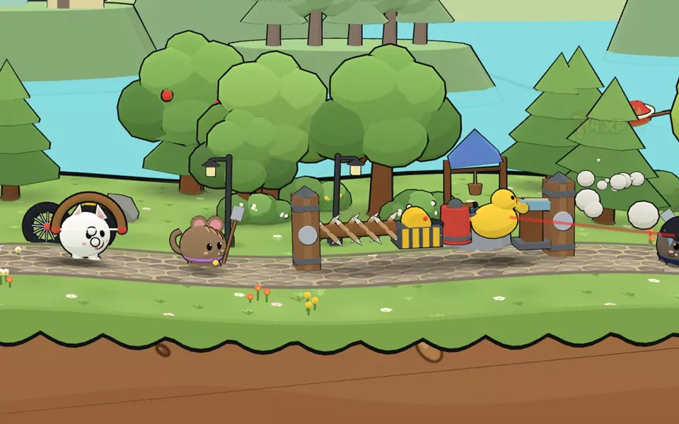 A dog critter with a bow beside a raft of spike racks, turrets and a rubber-duck decoy in a sunny cartoon village.