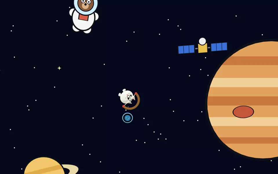 A critter tumbling through outer space past a bear in a space suit, a satellite and Jupiter.